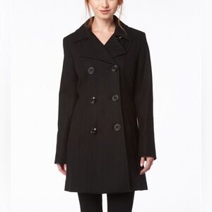 Ann Klein Wool Blend Pea Coat Medium Black Double Breasted Trench Fully Lined